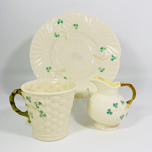 Set of 3 Belleek Irish pottery Jug, Mug and Harp Shamrock 8 Inches Plate