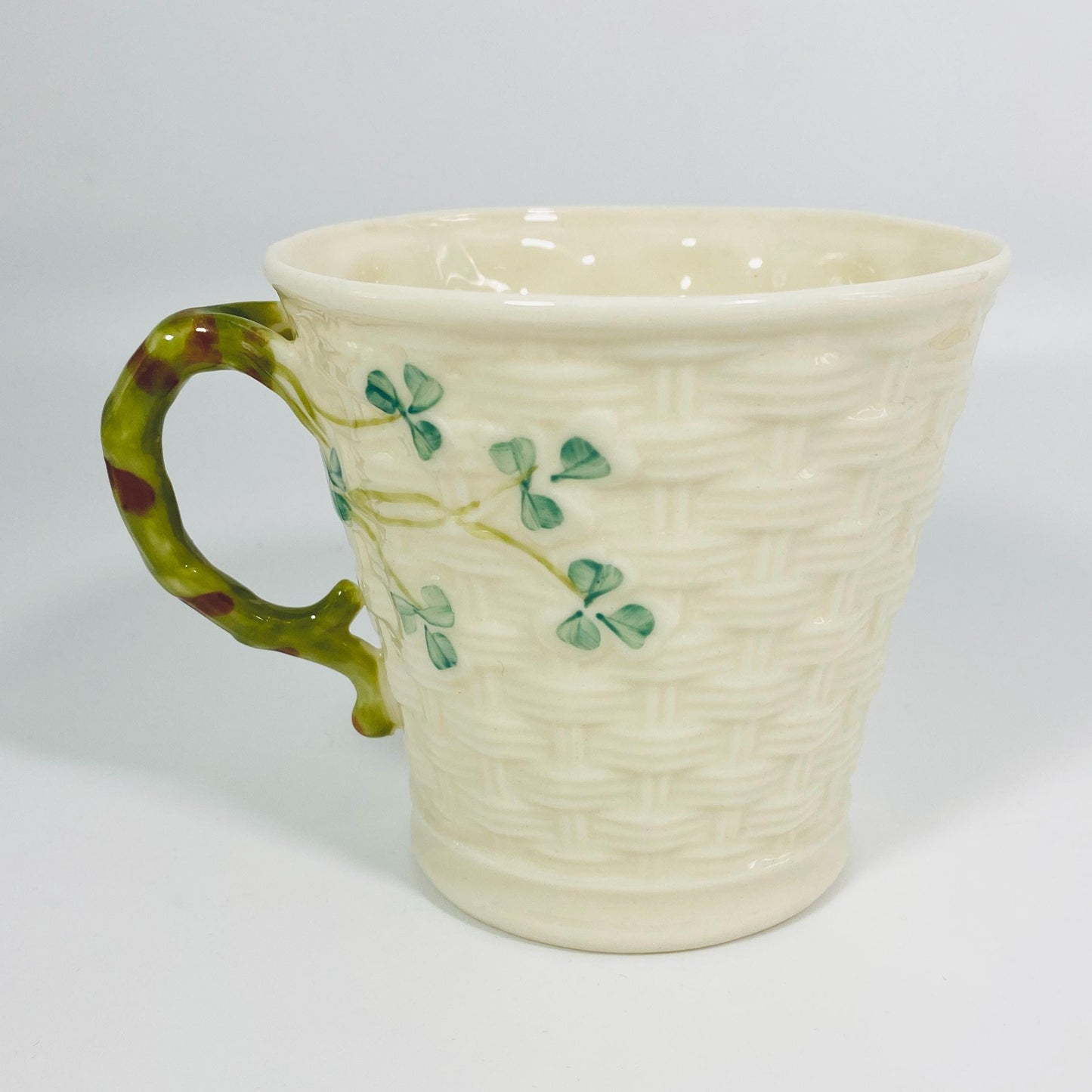 Set of 3 Belleek Irish pottery Jug, Mug and Harp Shamrock 8 Inches Plate