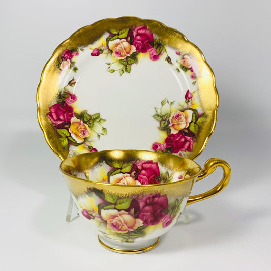 VTG Royal Chelsea Bone China Golden Rose Tea Cup Saucer Heavy Brushed Gold Trim