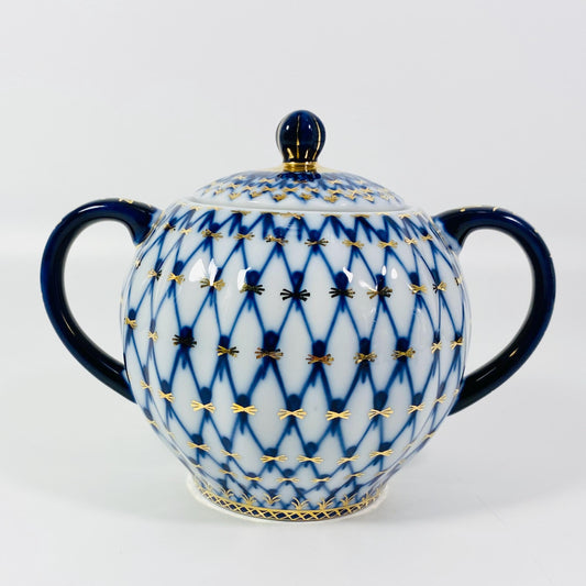 Lomonosov Russia Cobalt Blue Gold Net Imperial Porcelain Lidded Sugar Bowl