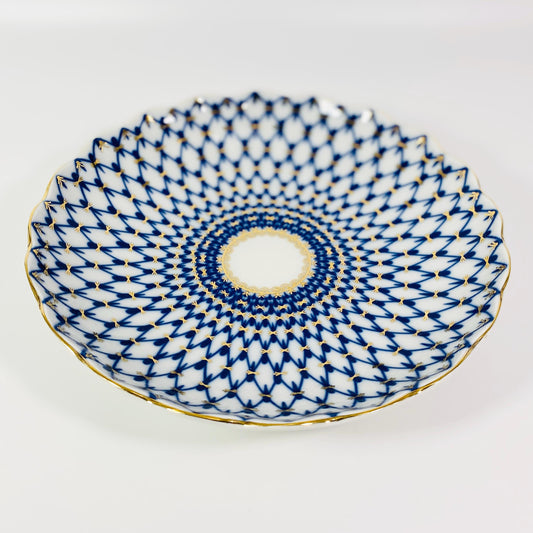 RARE !! Vintage Lomonosov COBALT Blue net round Biscuit Cookie Fruit Candy BOWL 8 1/2”