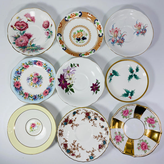 Vintage orphaned saucers from Foley, Rosina, Minton, Mikasa etc for bridal showers, replacement, tea parties etc...
