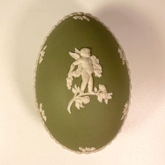 Vintage Wedgwood Green Jasperware Egg Trinket Wedgwood "Cupid On Rose Branch"