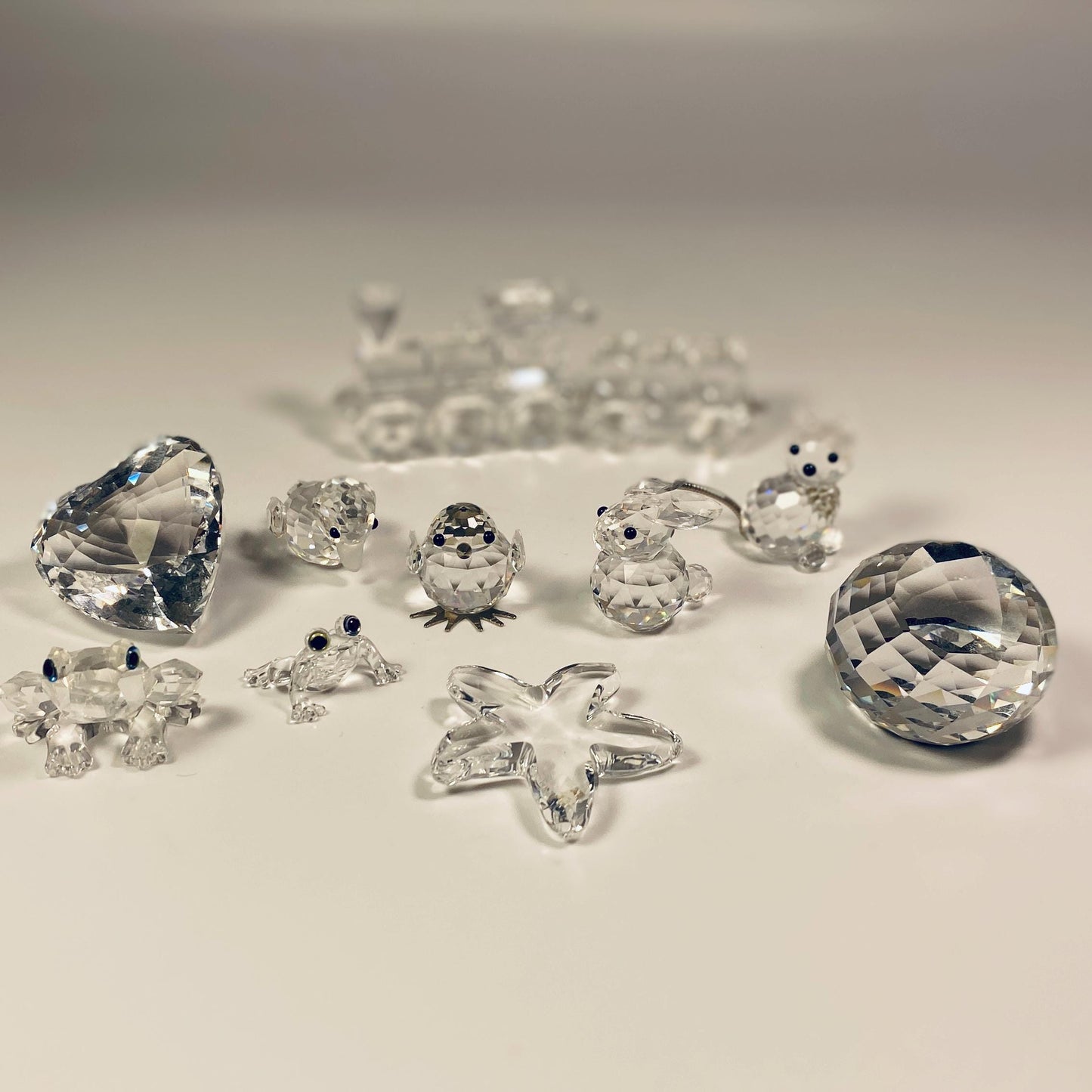 Swarovski Frog, train, Swan, Frog, starfish, little bird, cat, bunny rabbit, Heart and round paperweight figurines. Pick your choice- No Box