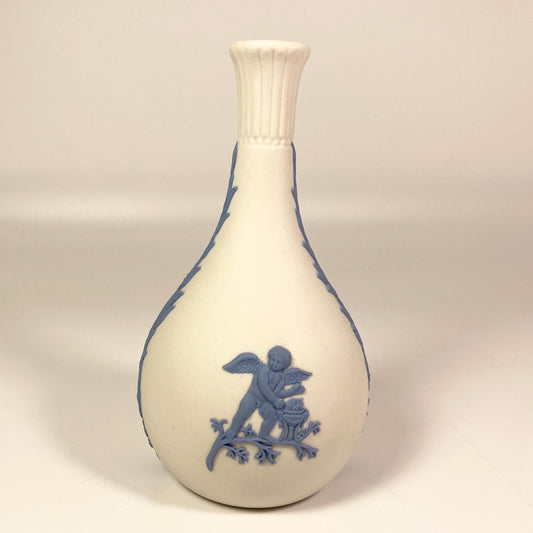 Wedgwood Reverse Jasperware  Blue On Cream White Bud Vase Cherub 5 1/2” Tall