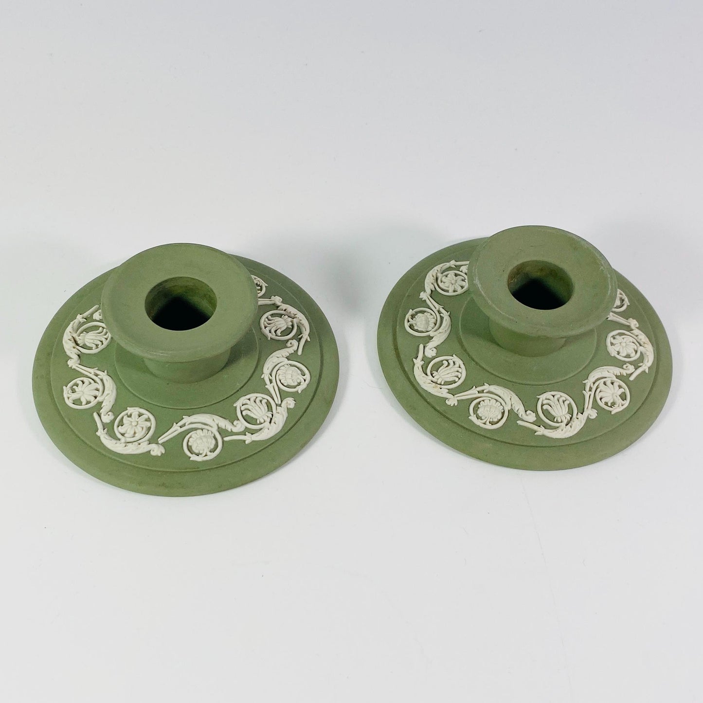 Wedgwood Jasperware Set Of Two Celadon Green Candle Holders
