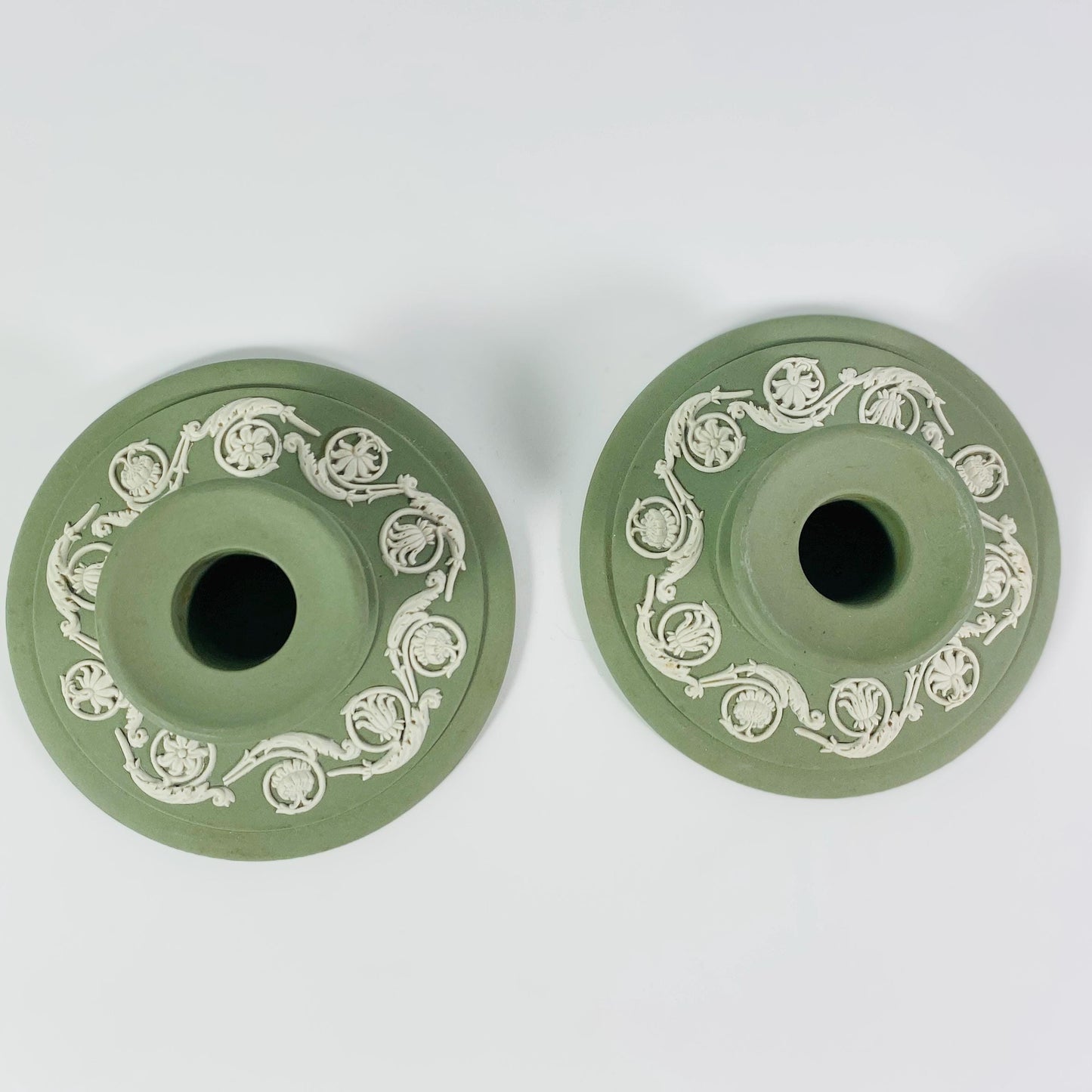 Wedgwood Jasperware Set Of Two Celadon Green Candle Holders
