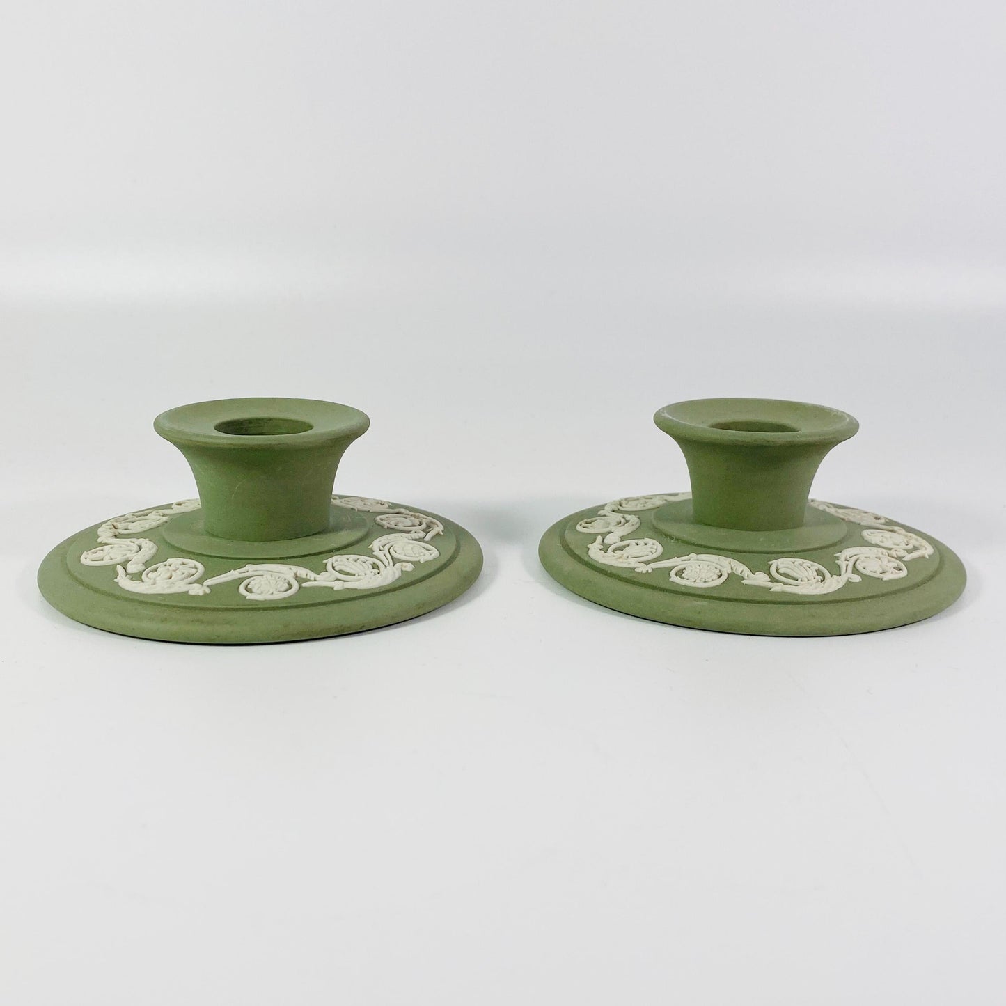Wedgwood Jasperware Set Of Two Celadon Green Candle Holders