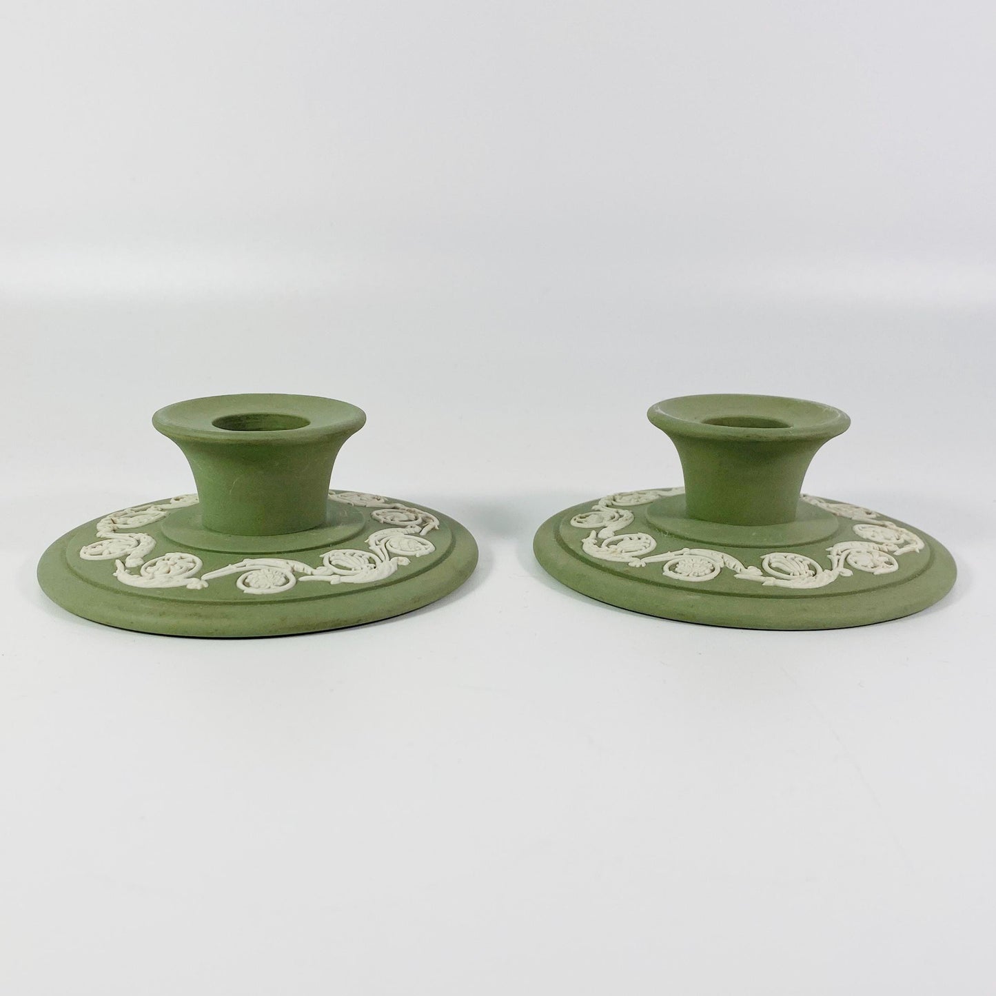 Wedgwood Jasperware Set Of Two Celadon Green Candle Holders