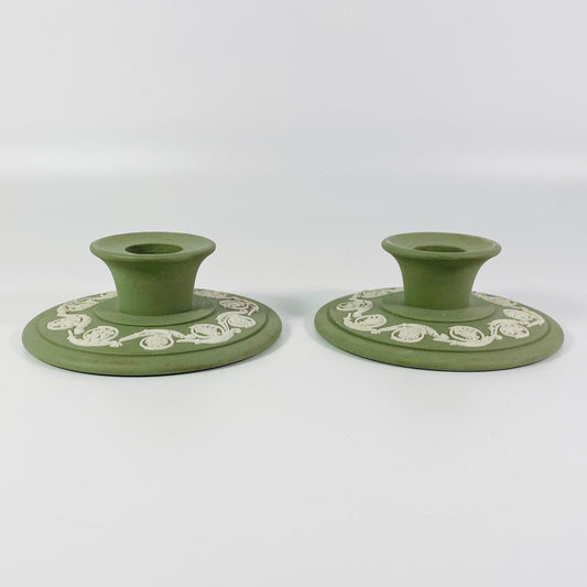 Wedgwood Jasperware Set Of Two Celadon Green Candle Holders