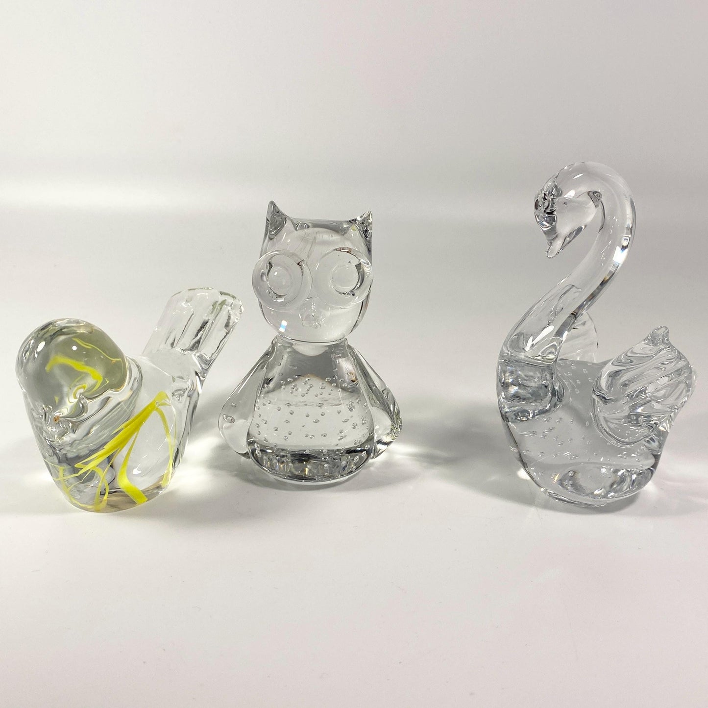 Vintage set of 3 Large glass owl, swan & Bird paperweight, figurines