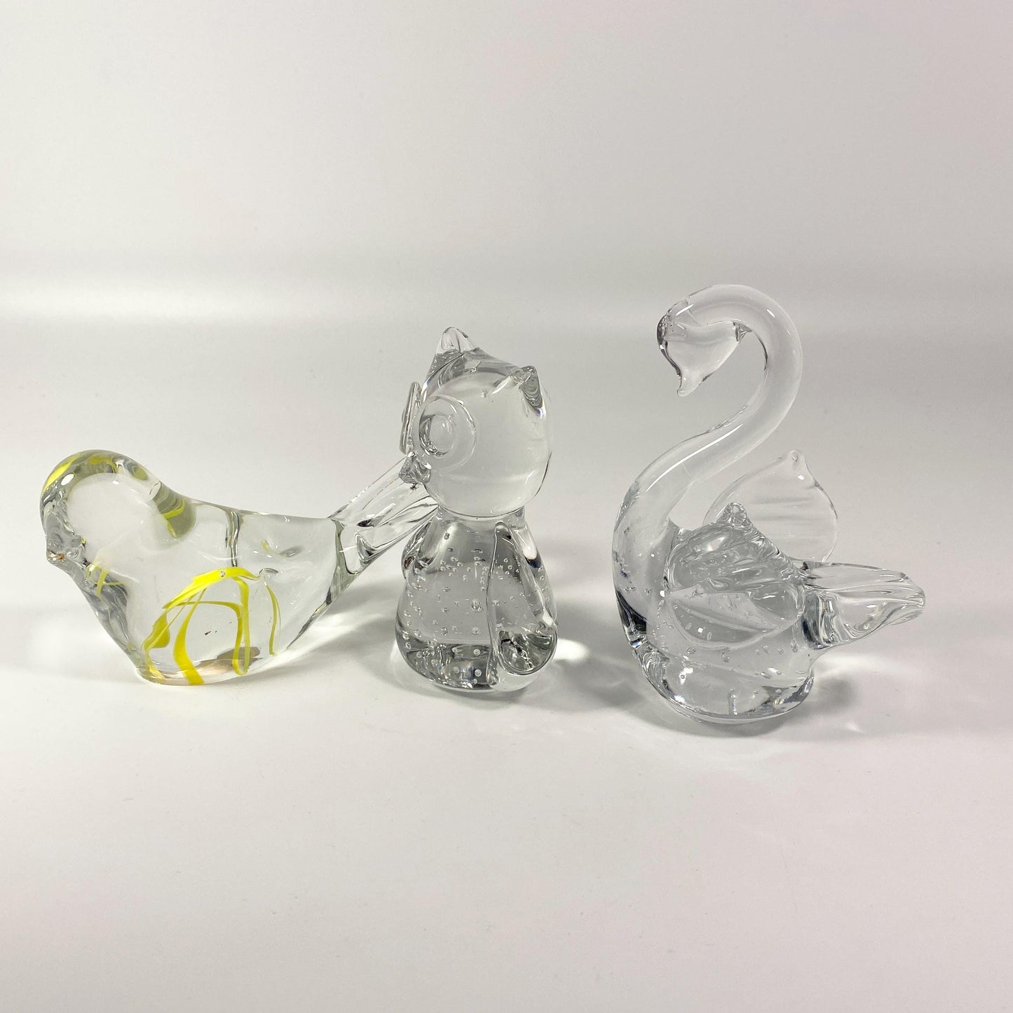 Vintage set of 3 Large glass owl, swan & Bird paperweight, figurines