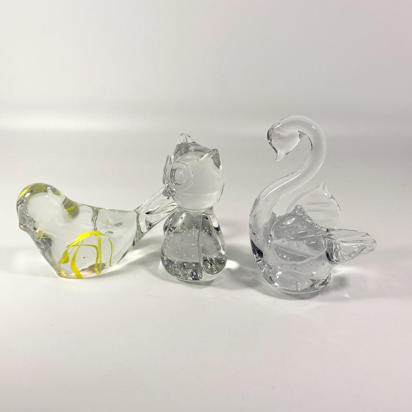 Vintage set of 3 Large glass owl, swan & Bird paperweight, figurines