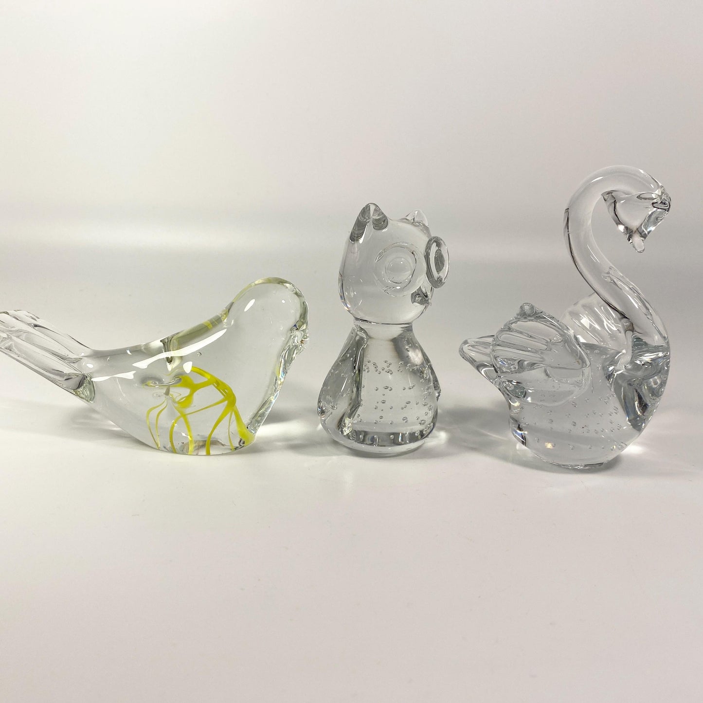 Vintage set of 3 Large glass owl, swan & Bird paperweight, figurines