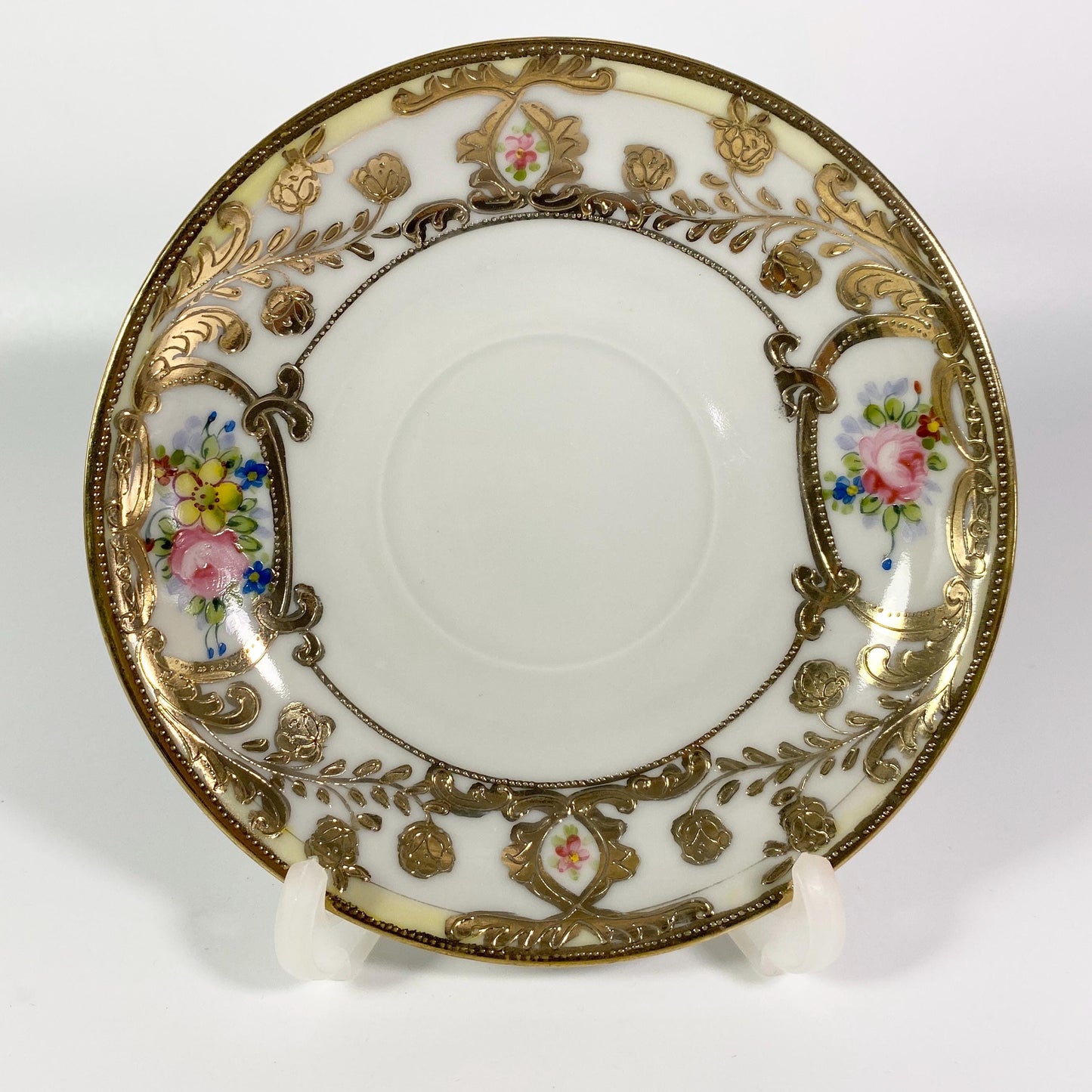 Antique set of 2 Gold encrusted hand painted  cup and saucer shamrock back stamp