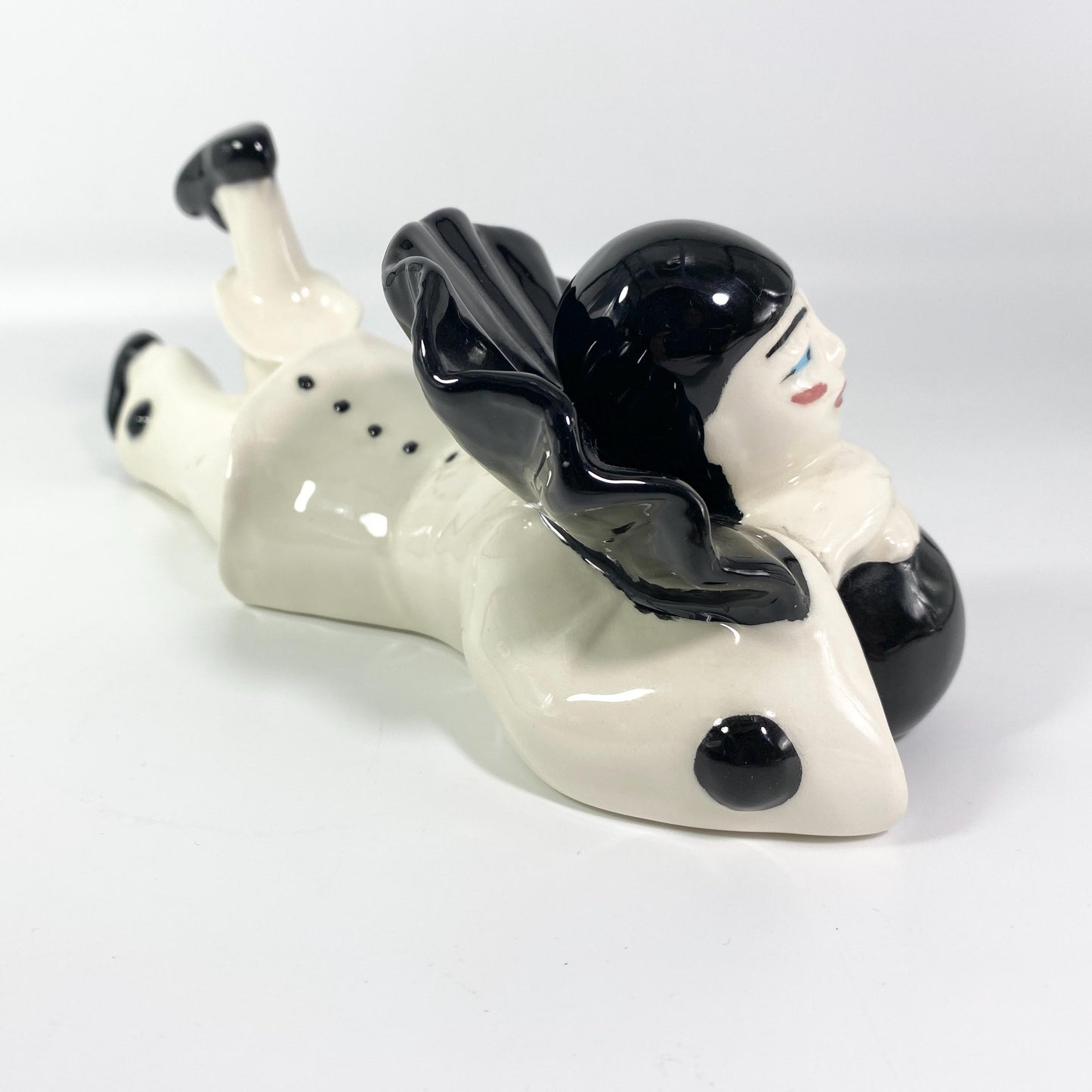 Vintage Ceramic French Meme Clown Pierrot Harlequin Mime Figurine Reclining 11"