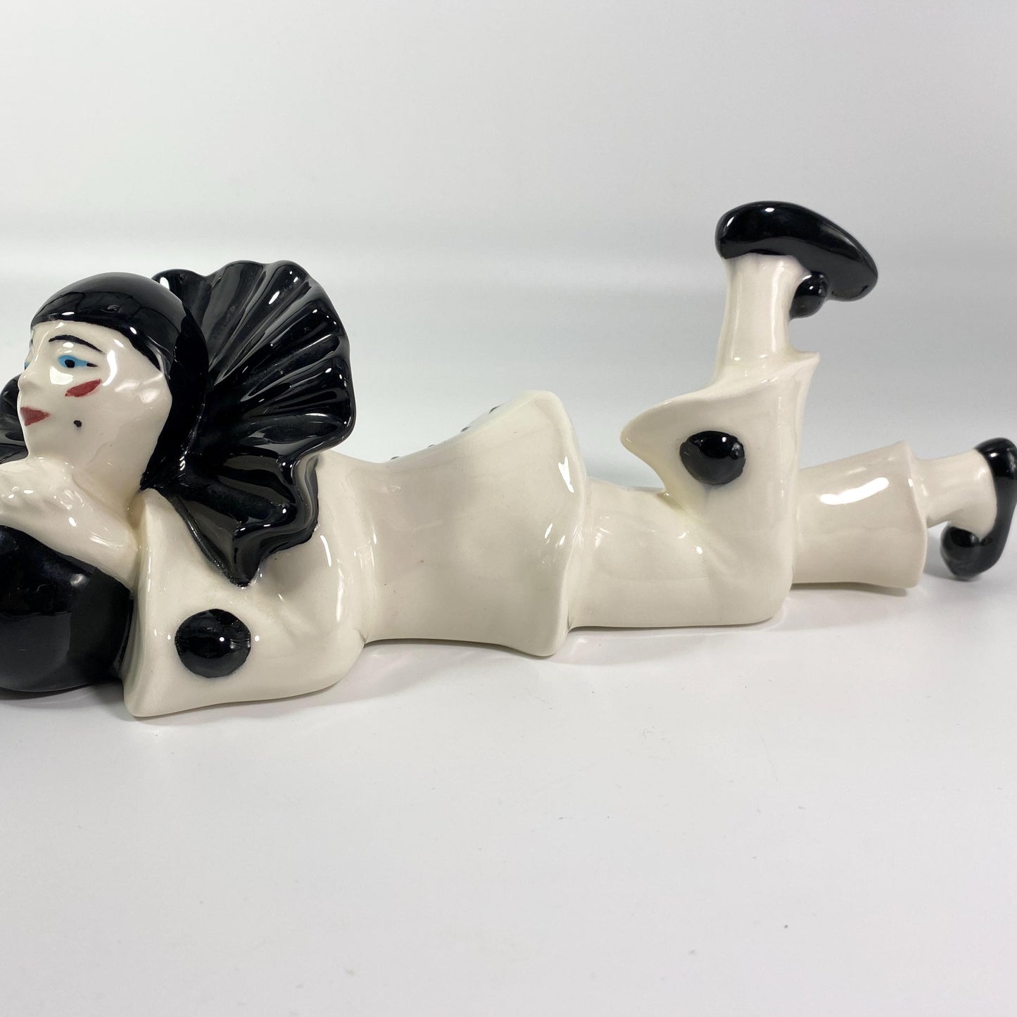 Vintage Ceramic French Meme Clown Pierrot Harlequin Mime Figurine Reclining 11"