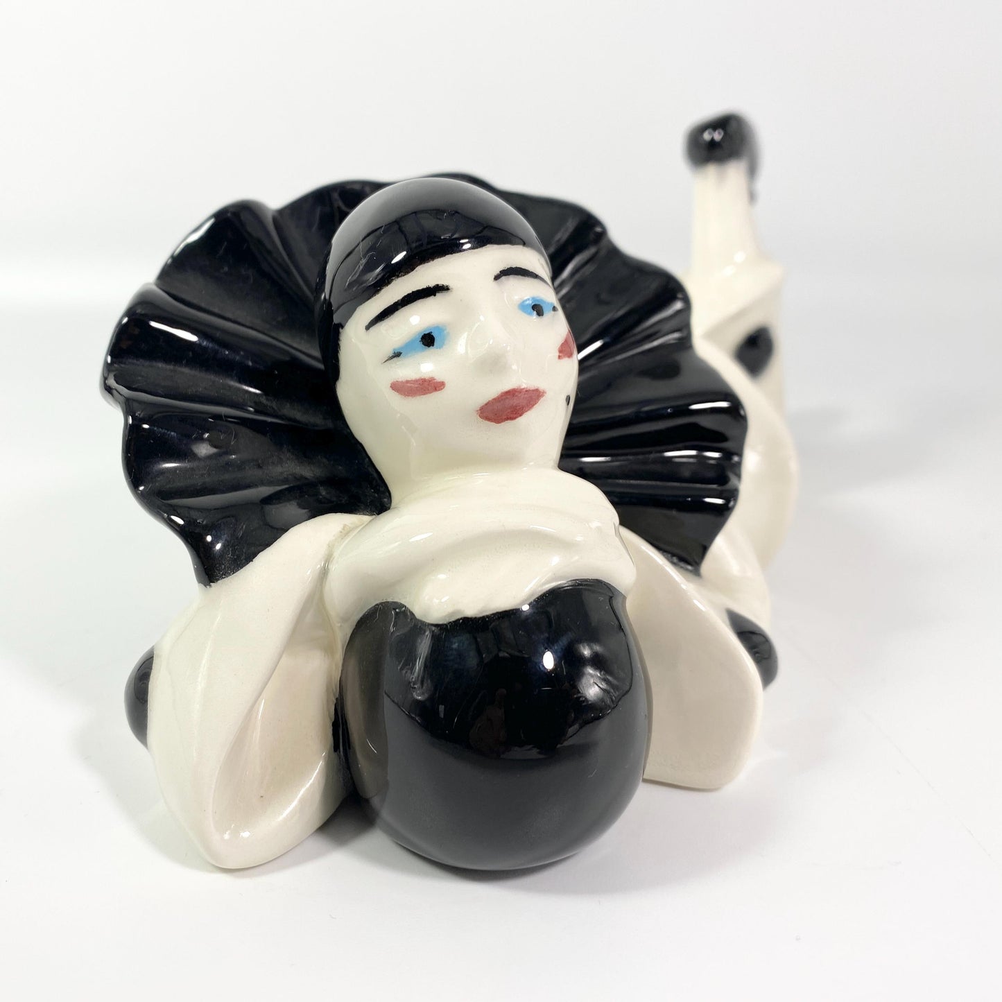 Vintage Ceramic French Meme Clown Pierrot Harlequin Mime Figurine Reclining 11"