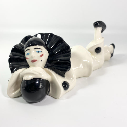 Vintage Ceramic French Meme Clown Pierrot Harlequin Mime Figurine Reclining 11"