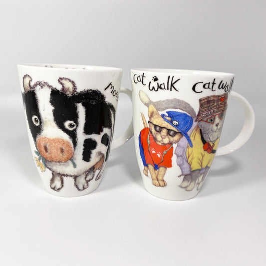 Set of 2 Vintage Roy Kirkham English Moo cow & Cat Walk Coffee Cup England
