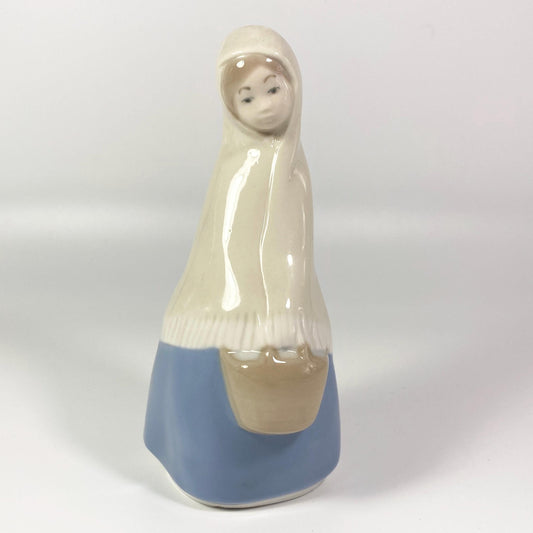 Vintage Rex Valencia Hand Made Porcelain Girl with Basket Figurine Spain 6" Tall