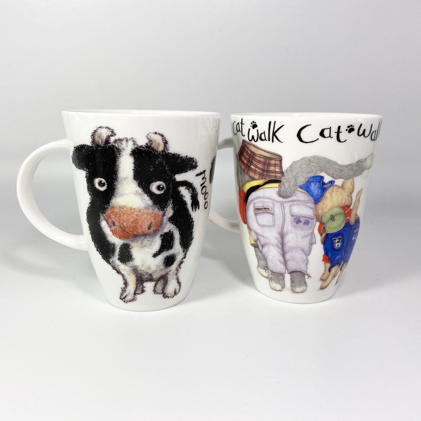 Set of 2 Vintage Roy Kirkham English Moo cow & Cat Walk Coffee Cup England