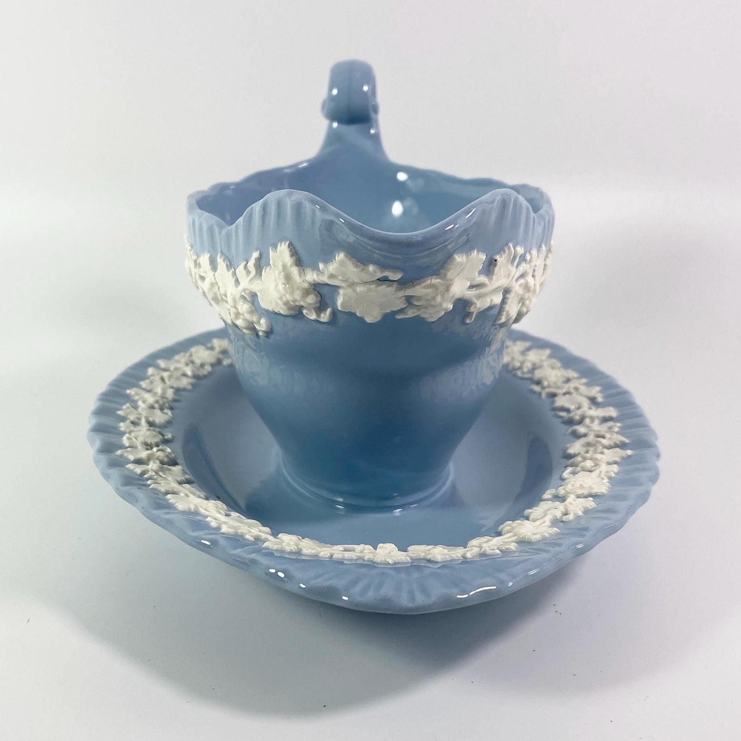 Wedgwood Queensware Cream on Lavender Shell Edge Gravy Boat &Attached Underplate