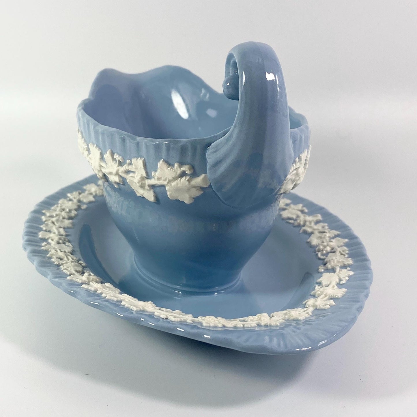 Wedgwood Queensware Cream on Lavender Shell Edge Gravy Boat &Attached Underplate