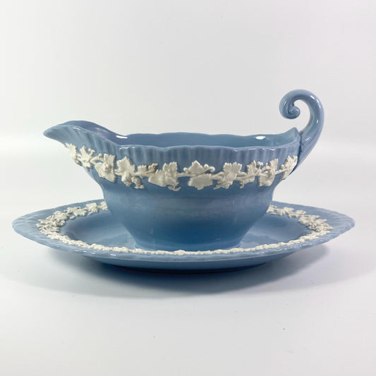 Wedgwood Queensware Cream on Lavender Shell Edge Gravy Boat &Attached Underplate