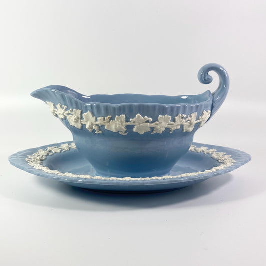 Wedgwood Queensware Cream on Lavender Shell Edge Gravy Boat &Attached Underplate