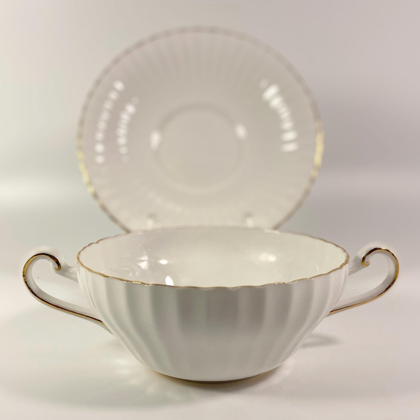 RARE !! Paragon wide mouthed soup bowl with saucer white with Gold- 7 available
