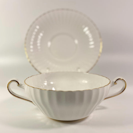 RARE !! Paragon wide mouthed soup bowl with saucer white with Gold- 7 available