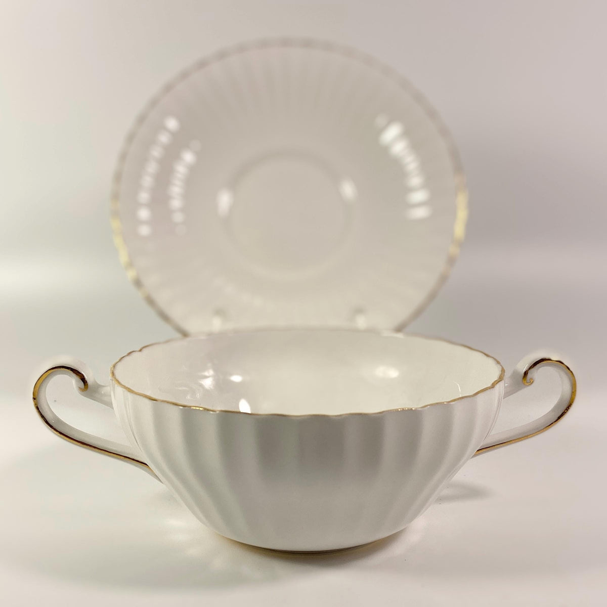 RARE !! Paragon wide mouthed soup bowl with saucer white with Gold- 7 available