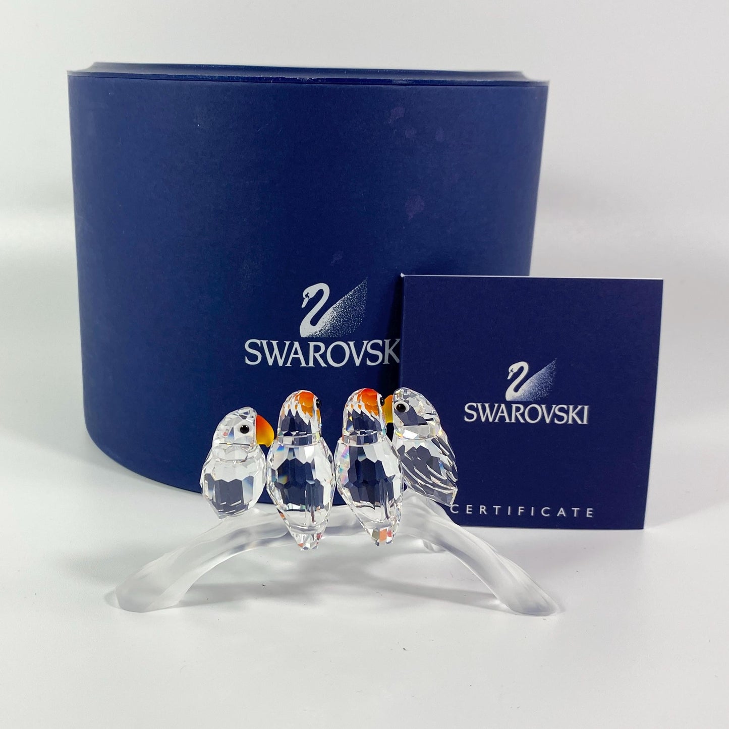 Swarovski Crystal Glass 4 Baby Love Birds Parrots On A Branch with Box and CoA.