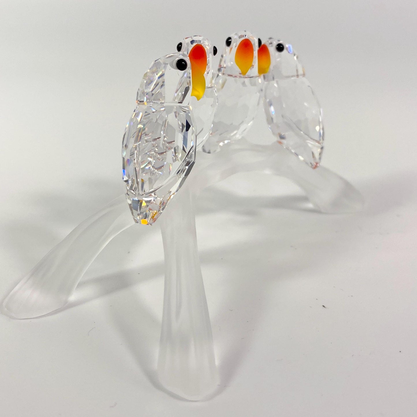 Swarovski Crystal Glass 4 Baby Love Birds Parrots On A Branch with Box and CoA.