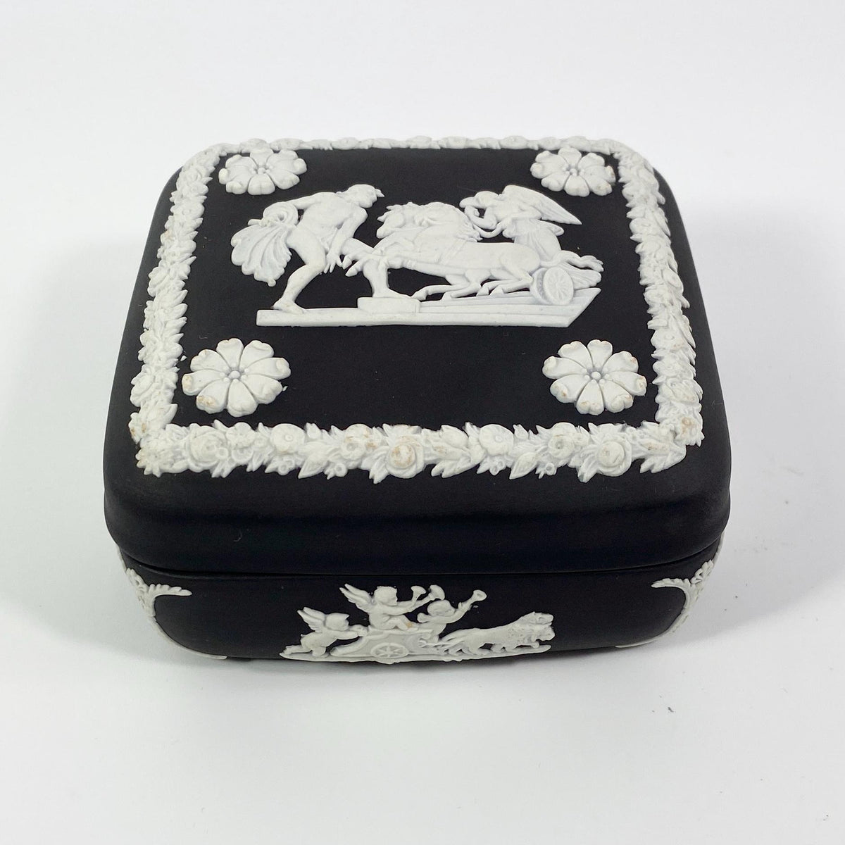 Wedgwood Black Basalt Lidded trinket – Neo Classical Horses, cupids, cherubs