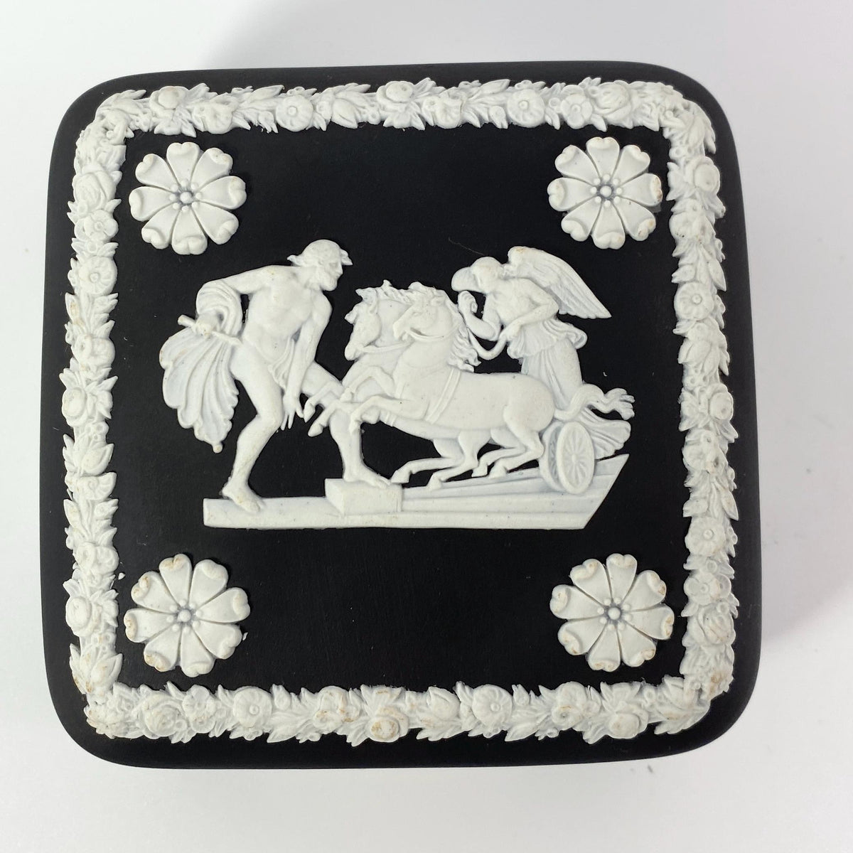 Wedgwood Black Basalt Lidded trinket – Neo Classical Horses, cupids, cherubs