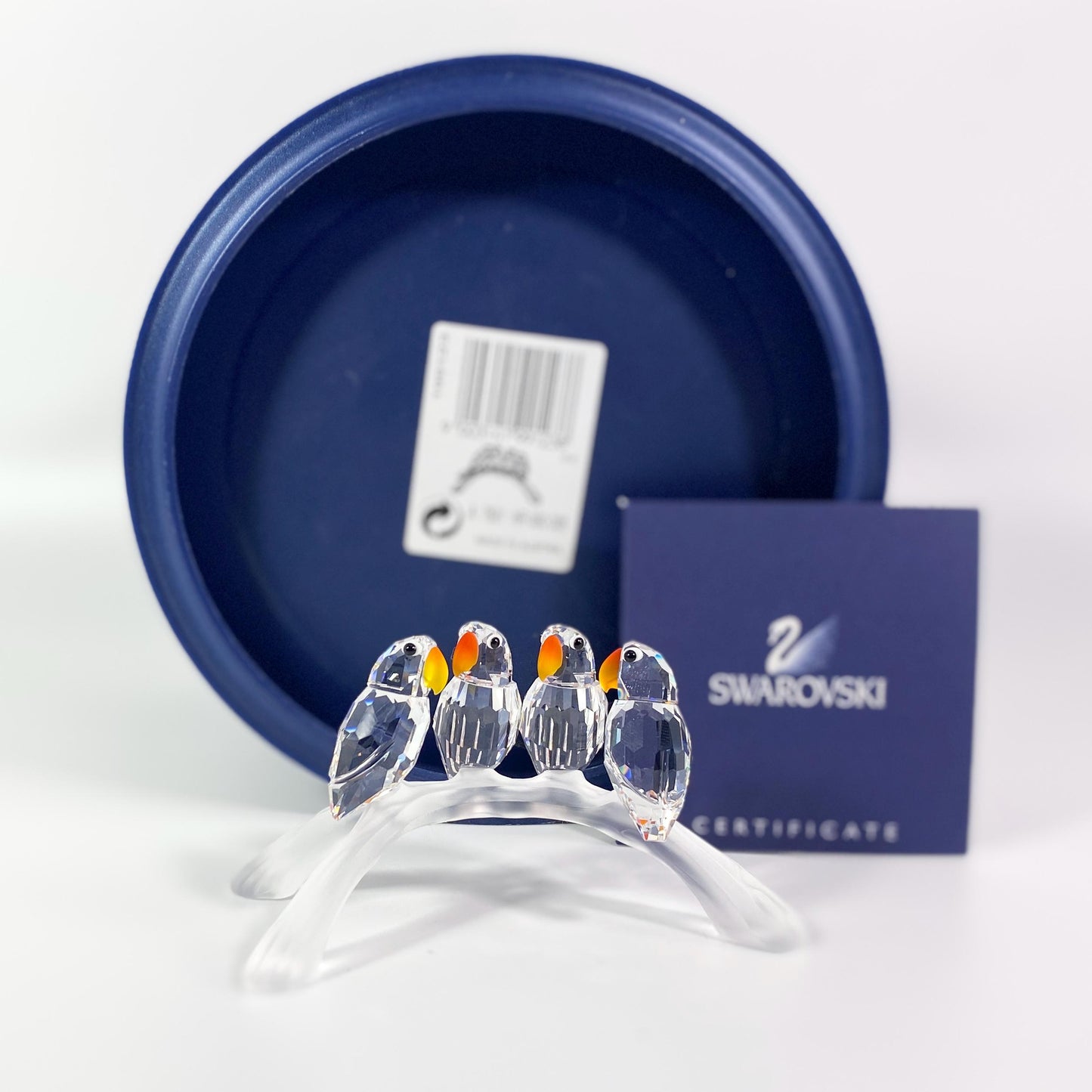 Swarovski Crystal Glass 4 Baby Love Birds Parrots On A Branch with Box and CoA.
