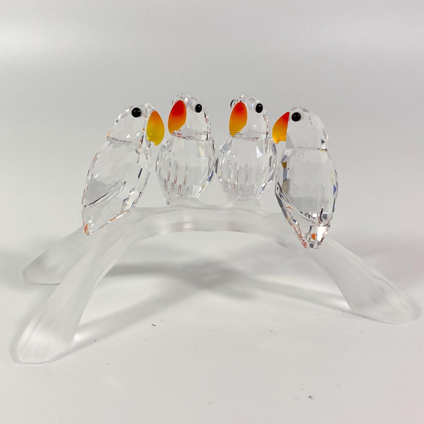 Swarovski Crystal Glass 4 Baby Love Birds Parrots On A Branch with Box and CoA.