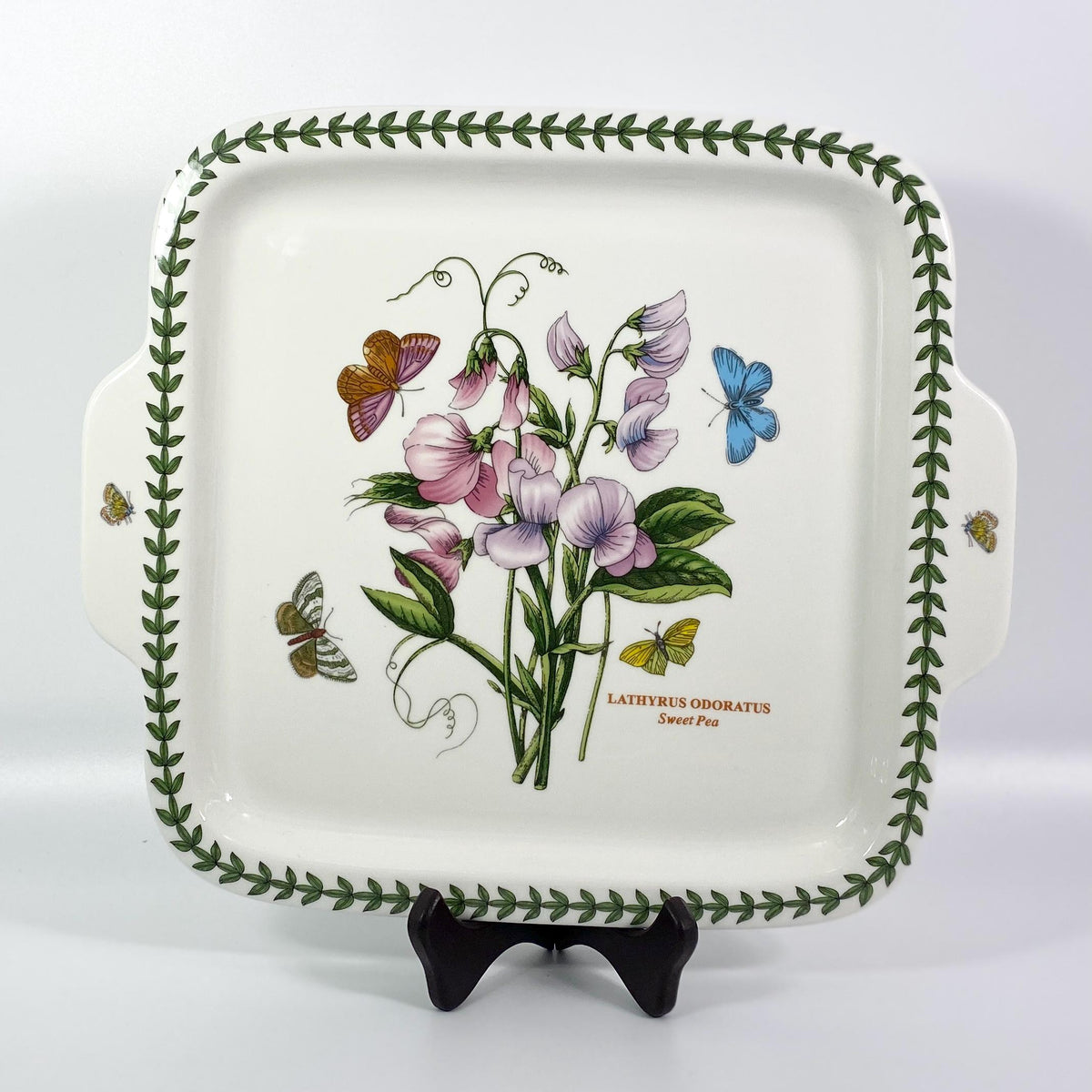 Portmeirion Botanic Garden 11" Square Platter Dessert Dish w/Handles Sweet Pea