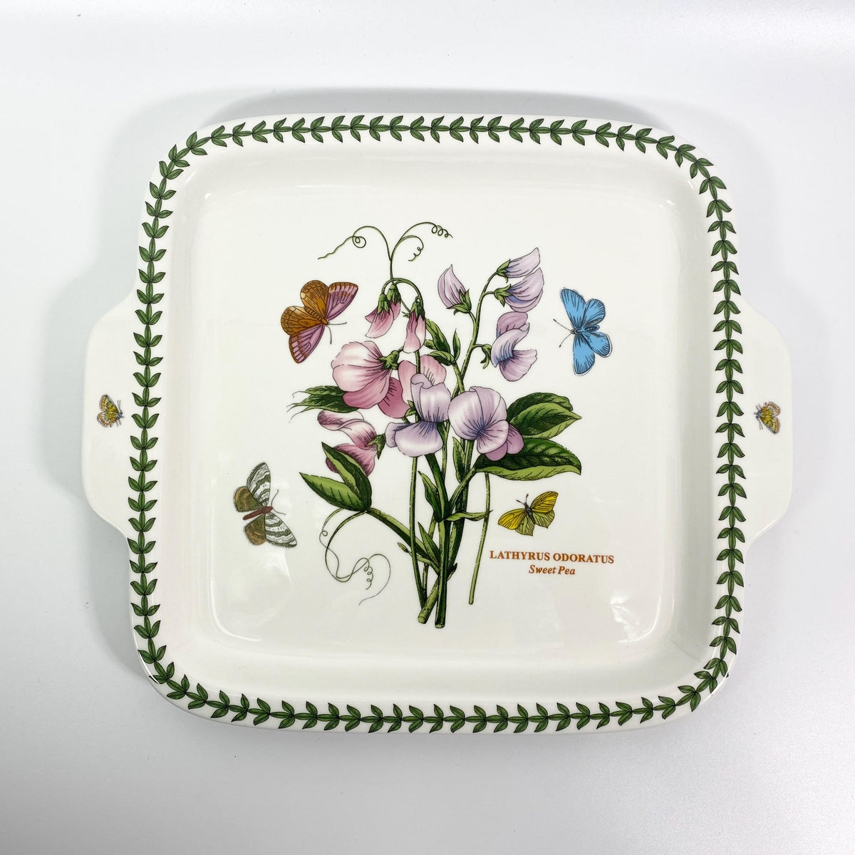 Portmeirion Botanic Garden 11" Square Platter Dessert Dish w/Handles Sweet Pea