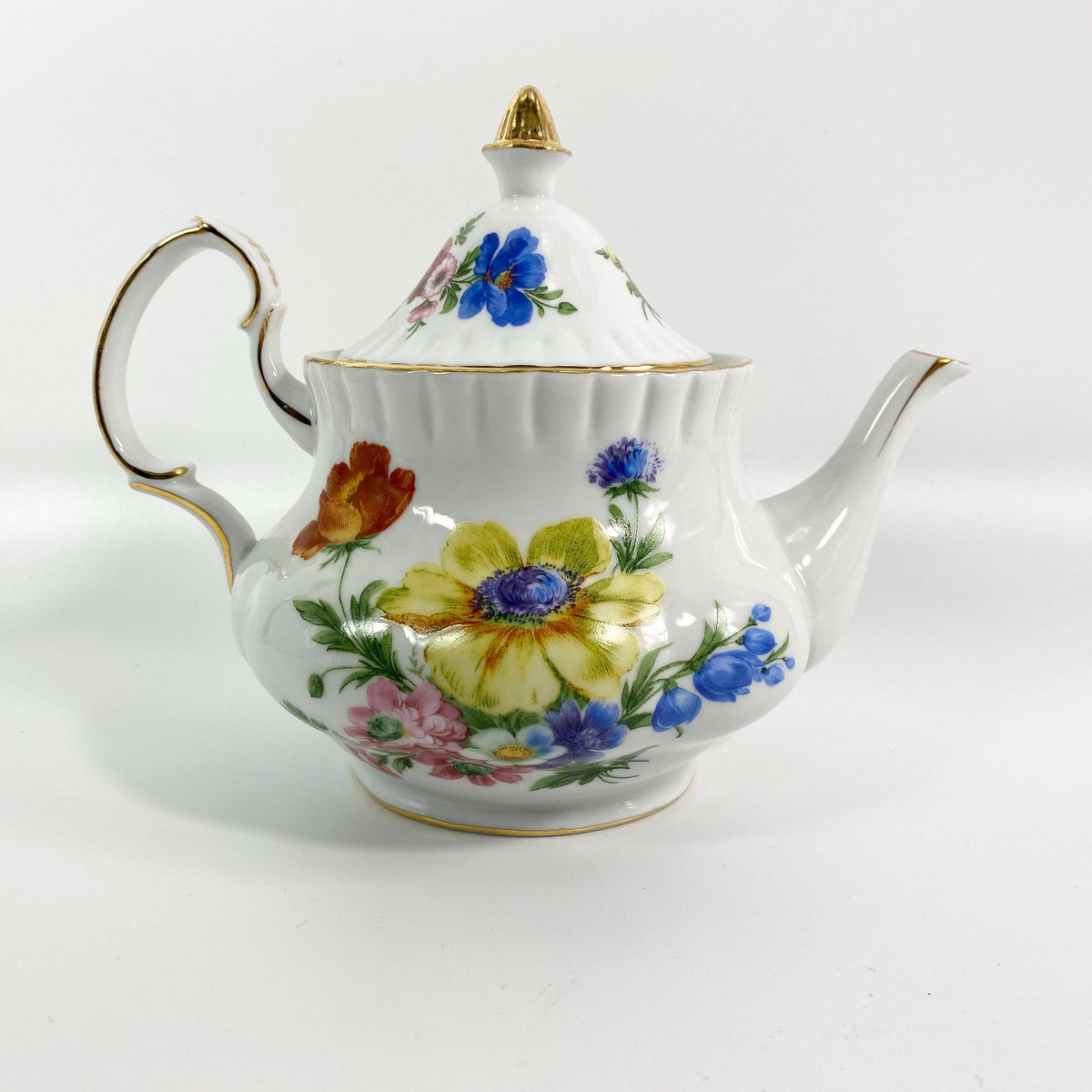 Royal Danube Porcelain Teapot Garden Flowers Gold Trim Tulip Daisy Wildflowers