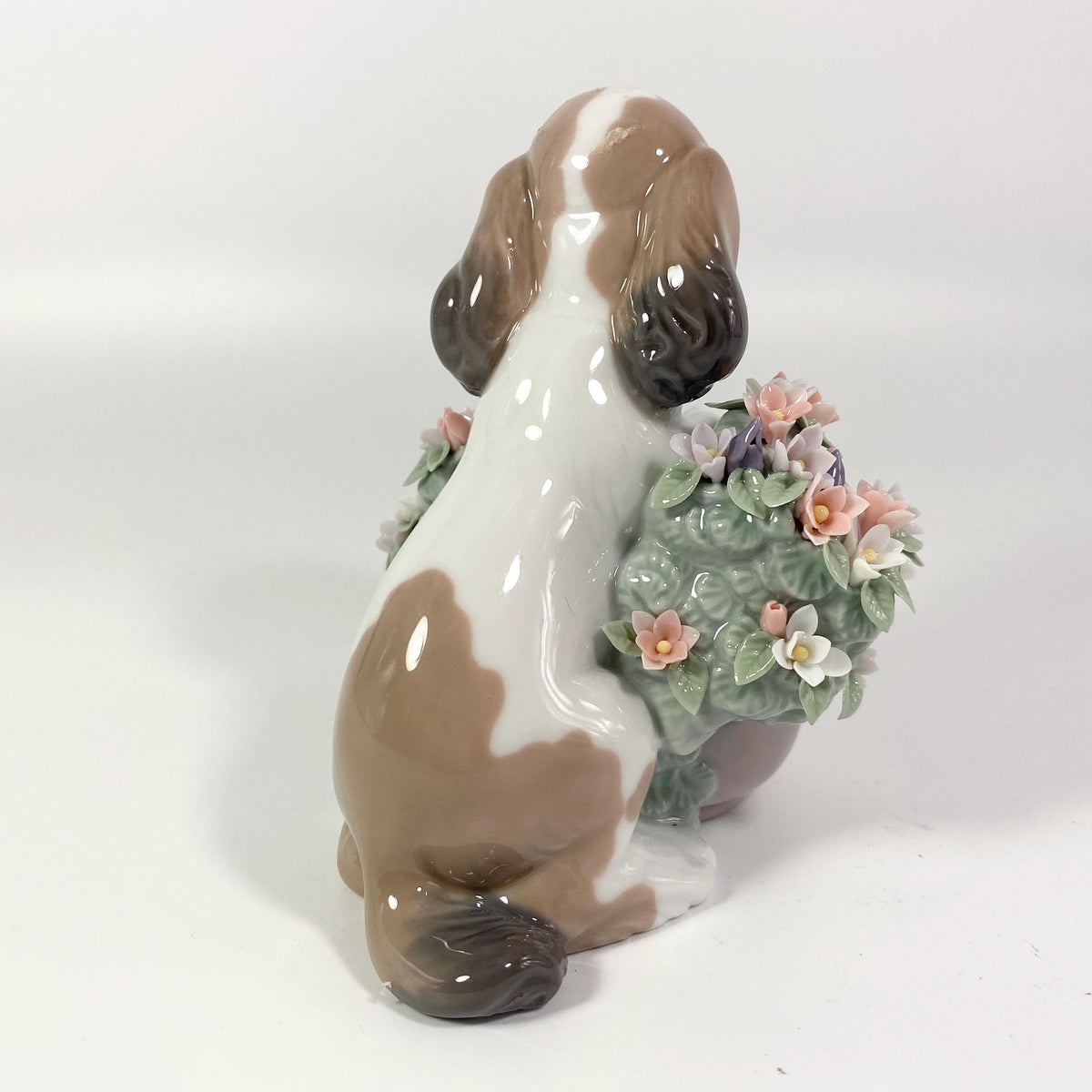RARE !! Lladro Take Me Home Sad-Eyed Puppy Dog Flowers Glossy Figurine #6574