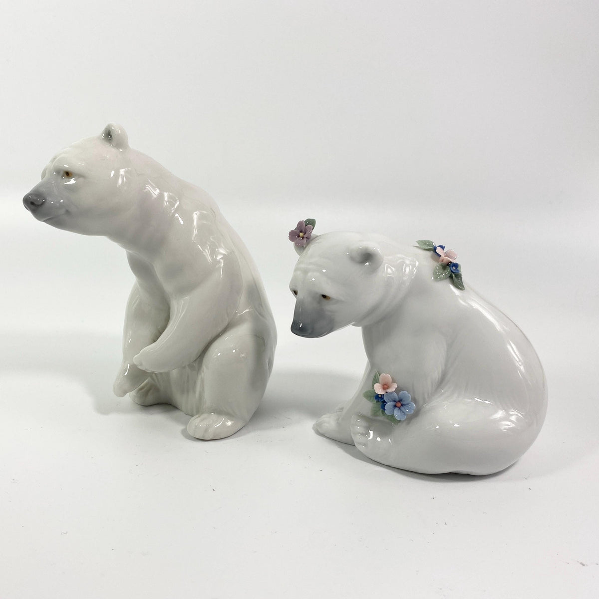 Lladro #6355 Polar Bear with Flowers & sitting Polar Bear Porcelain Figurines