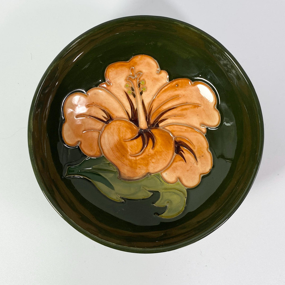 Moorcroft Hibiscus Bowl Green  Hand Painted  Vintage England