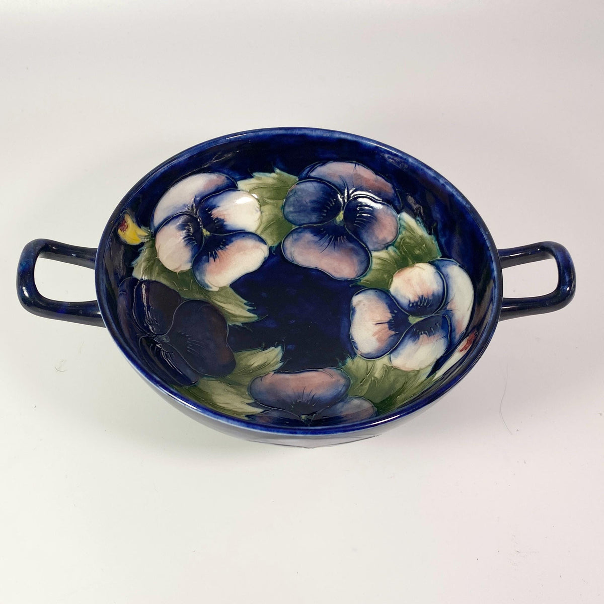 Moorcroft England 2- Handled candy bowl  , "Pansy" Pattern EXTREMELY RARE !!!