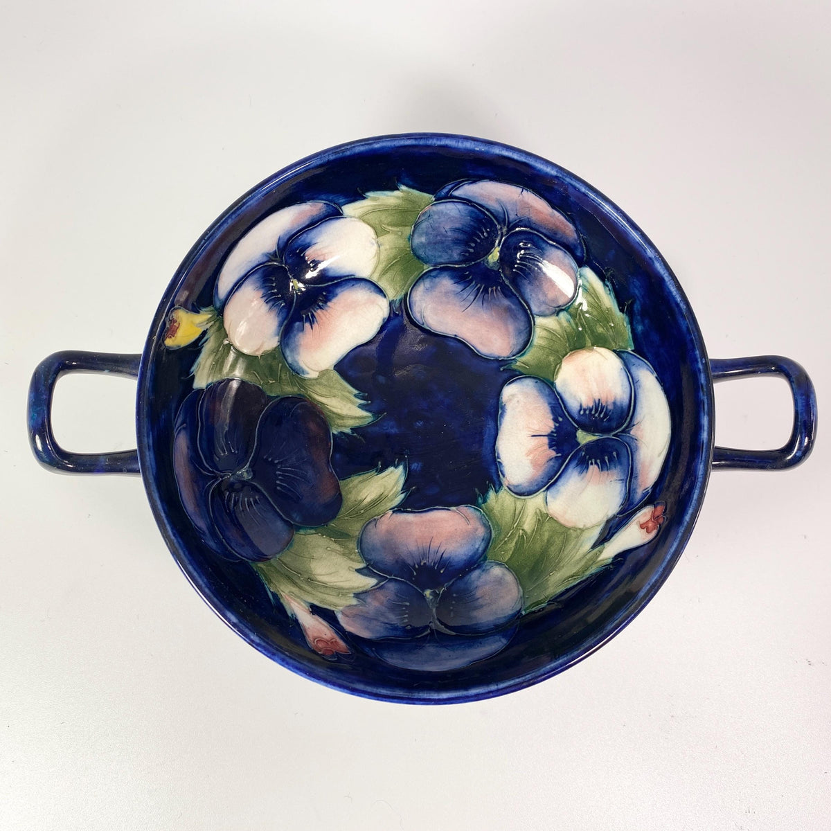 Moorcroft England 2- Handled candy bowl  , "Pansy" Pattern EXTREMELY RARE !!!