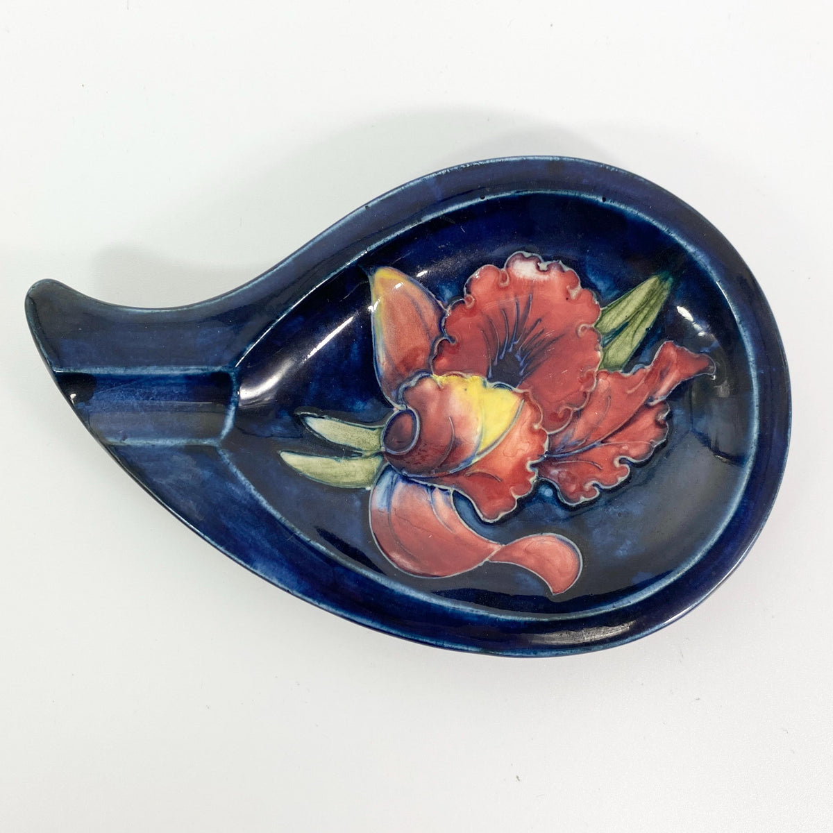 William Moorcroft Art Pottery Blue  Teardrop Ashtray  Iris Flower England