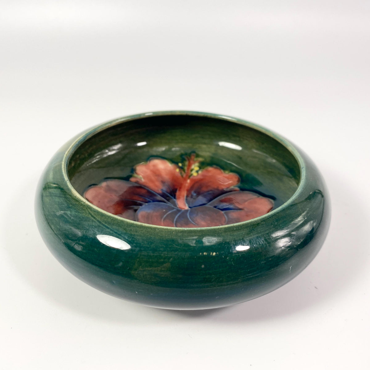 Moorcroft Art Pottery Round Floral Flower Bowl Green  Gloss Signed RARE !!