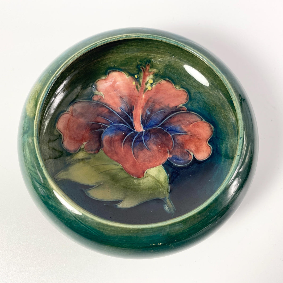 Moorcroft Art Pottery Round Floral Flower Bowl Green  Gloss Signed RARE !!